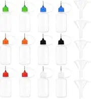 Swpeet 17Pcs 6 Colors Precision Tip Applicator Bottles Kit, 30ml Needle Tip Squeeze Glue Bottles with 5 Mini Funnels, Plastic Dropper Bottles with Multicolor Lid for Painting Quilling Ink DIY Craft