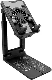 Phone Stand with Cooling Fan, Foldable Phone Holder Stand, Height Adjustable Desk Mobile Holder for Live Streaming, Mobile Gaming (Black)