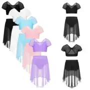 Kids Girls Lyrical Ballet Dance Costume Gymnastics Crop Top Mesh Skirt Dancewear