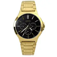 在飛比找momo購物網優惠-【CASIO 卡西歐】CASIO手錶 金色黑面三眼鋼錶(MT