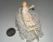 VTG Tiny 1/2” Dollhouse Baby Hand Crochet Sleeper with Vintage Lace Bassinet -