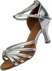 [SAFIGLE] Grain Satin High Heels Dance Shoes Size 35 Open Toe Lady's High Heel Shoes for Banquet Latin Dance Silver