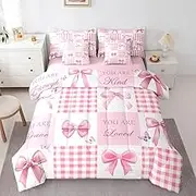 meiyoeat Pink Bow Comforter Set with Sheets Full Size Kid Checkered Plaid 7 Pieces Bedding Set Gift for Girls Women Bed in a Bag Breathable Inspirational Bedroom Decor