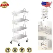 White 4-Tier Storage Cart on Wheels with Hanging Buckets - Sturdy & Versatile