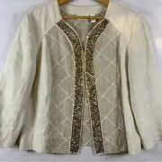 Chico Women Linen Open Blazer Artisian Sz 0 (S) Natural Beaded Boho Coastal Gma