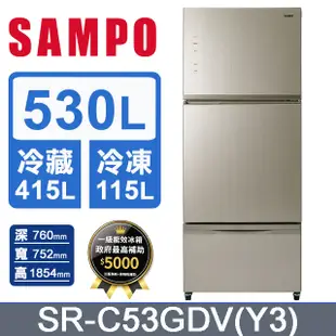 SAMPO 聲寶530公升玻璃三門變頻冰箱 SR-C53GDV(Y3)