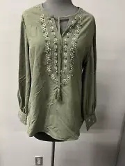 Chicos Size 0 Embellished Peasant Blouse OLIVE NWT