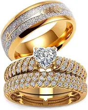 [WRS WEDDING RING SET] TWO RINGS His Hers Wedding Ring Sets Couples Rings Women's 10k Yellow Gold Plated White heart CZ Wedding Engagement Ring Bridal Sets & Men's Titanium Wedding Band