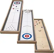 Sterling Games Tabletop Shuffleboard, Bowling and Curling 3 in 1 Combo Set - Two Sided Wooden Arcade Board With Pucks and Bowling Pins for Kids and Family