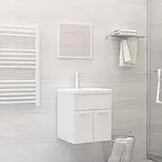 2 Piece Bathroom Furniture Set High Gloss White Engineered Wood Vanity with Mirror and Sink Cabinet - Modern Wall-Mounted Floating Bathroom Console Storage