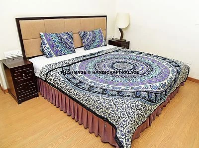 Elephant Mandala Cotton Filled Quilted Quilt Indian Reversible Blanket Duvet Set