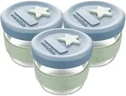 Cherub Baby Durable Non-Toxic BPA Free, Leak-Proof, Microwave, Oven, Freezer Safe Silicone & Glass Baby Food Storage Container Jar with Airtight Lid Pack of 3 120ml - Cerulean/Sage