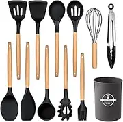 Kitchen Utensils Set of 12, Utensil Sets Heat Resistant Silicone Kitchen Utensils Set Non-Stick - Best Kitchen Cookware with Wooden Handles (Black)