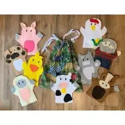 NEW Felt Hand Puppet Set Farm Animals Handmade Cow Pig Horse Bag 8" Rare