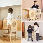 SHWWQUE Toddler Tower Step Stool for Kids Kitchen Stool Helper Toddler Standing Tower Foldable Toddler Table Kids Table and Chair Set 4 in 1 Montessori Helper Tower Natural