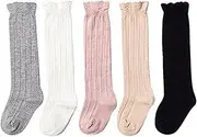[AQOKKA] 5 Pack Baby Girl Knee High Socks Toddler Dress Socks Baby Bow Stocking Cotton Infant Socks