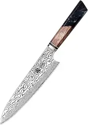 MITSUMOTO SAKARI 22 cm Japanese Chef Knife, AUS-10 Premium Damascus Steel Kitchen Knife, Professional Hand Forged Japanese Knife Gyuto Knife(Shadowwood Pomegranate Handle & Wooden Box)