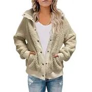 Nevenka Womens Oversized Long Sleeve Button Sherpa Jacket Coat Pockets Warm Fleece-Apricot