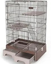 3-Tier Cat Crate Large Cat Kennels Cat Playpen with Storage Drawers and Cat Litter Box - Large Exercise Place - Pet Enclosure for Rabbit, Bunny, Guinea Pig, Chinchilla,Brown