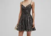 $296 Aidan By Aidan Mattox Women's Black Metallic Asymmetrical Mini Dress Size 0