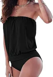 [Chartou] Womens Shirring Stretch Seamless Strapless Bandeau Ribbed Sexy Tube Tank one-Piece Swimsuit Swimwear
