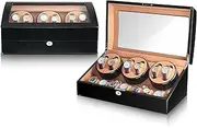 LIAN Automatic 6 Watch Winder+7 Storage with LED Light Japanese Mabuchi Quiet Motor Wooden Shell Piano Paint Soft Flexible Watch Pillows 4 Rotating Modes for Men Women Watches Black Baking Paint+Brown