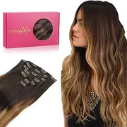 WENNALIFE Clip in Human Hair Extensions, 35cm 14 Inch 120g 7pcs Dark Brown to Chestnut Brown and Dirty Blonde Highlighted Clip In Human Hair Remy Clip in Hair Extensions Real Human Hair Double Weft