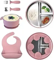 zjhukfmc Stainless Steel Baby Plates with Suction | Toddler Utensils Baby Feeding Set with Spoon Fork Bib - Microwave-Safe Led Weaning Supplies Tableware for High Chair Travel Outdoor Indoor Table