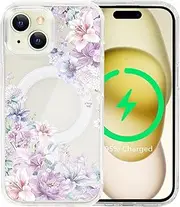 Tcaraersing for iPhone 14 Plus 6.7'' for Magnetic Clear Flower Case, Compatible with MagSafe, Floral Pattern Transparent Shockproof PC Back Soft TPU Slim Thin Cover for Girls Women - Hydrangea