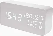 Raercodia Alarm Clock Wooden Digital Clock Decorative Modern LED Desk Clock Display Time Date Week Temperature Sound Control Brightness Adjustable (White)