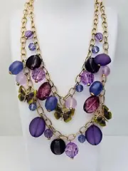 Vintage 2 Strand Purple Lucite Bead Enamel Butterfly Necklace 20”+2” Ext