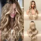 Long Wavy Cosplay Daily Wig Ombre Brown Golden Blonde Wig with Bang