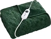 Dreamaker Luxury Faux Fur Electric Heated Throw Blanket 160x120cm Heating Rug Reversible Coral Fleece Plush Snuggle Overheat Protection LED Display 9 Heat Settings Detachable Controller - Eden Green