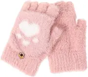 [DEARMAMY] 1Pair Cute Women Cat Paw Knitted Convertible Half Finger Gloves Warm Clamshell Design Adult for Winter Activities