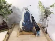 Art Glass POLAND~Pear w/Leaf & Stem~Hand Blown~White w/Blue Dripping Pebbles~NWT