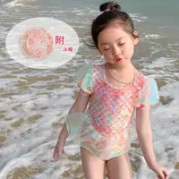 在飛比找momo購物網優惠-【橘魔法】彩虹流沙炫彩美人魚連身泳衣+泳帽(泳裝 童裝 泳衣