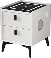 [OIKITURE] Smart Bedside Table with 2 Drawers, LED Nightstand with Wireless Charging & Bluetooth Speakers, Side Table for Bedroom Living Room Home Furniture, White, 35x40x45cm