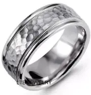 10K SOLID WHITE GOLD HAMMERED FINISH MILGRAIN MENS WEDDING BANDS RINGS 8MM