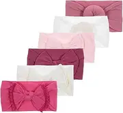 [Nishine] Nishin 6pcs Baby Girls Elastic Nylon Headbands Newborn Knotted Ball Turban Headwrap Hair Bows for Infant Toddler (Hot pink)