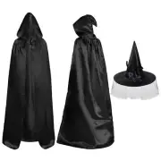 Black Cloak with Hood and Witch Hat with Veil Roses Halloween Wizard Hooded C...