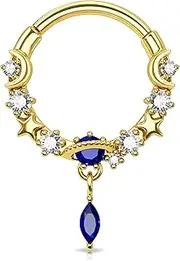 [Melighting] 16G Septum Rings Dangle Septum Jewelry with Blue Planet Clear CZ Stainless Steel 316L Daith Piercing Jewelry Moon Septum Piercing Helix Earring for Women