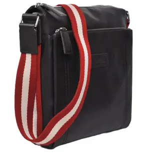 BALLY TUSTON 品牌皮革LOGO紅白織帶牛皮斜背郵差包(深咖啡色)
