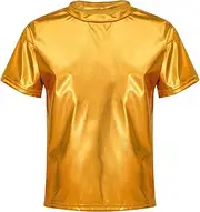 [winying] Kids Boys Girls Shiny Metallic Short Sleeve Tops Tshirts Jazz Hiphop Dance Costume Performance Dancewear