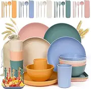 UHAPPEER Wheat Straw Dinnerware Sets for 5, 58 Pcs Unbreakable Tableware Picnic Dinner Sets, Reusable Wheat Straw Plates and Bowls Sets, Travel Camping Dinner Cutlery Set, Dishwasher Microwave Safe
