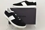 PRADA 4E3352 BLACK SUEDE WHITE LEATHER STRIPE LACE UP LOW TOP SNEAKERS 10/ US 11