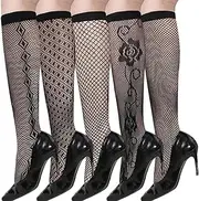 [WULIQIUQIU] 5 Pairs Knee High Lace Fishnet Socks for Women Black Hollow Out Trouser Socks Dress Socks