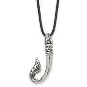 Stainless Steel Chisel Antiqued And Polished Hook Pendant On A 20 Inch Black Leather Cord Necklace