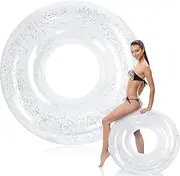 Wettarn Jumbo Pool Tube 47.24 Inches Large Float Tube Inflatable Pool Floats Clear Swim Floats Adults Size Swimming Tube with Colorful Sequins for Beach, Lake, Pool Party Supplies