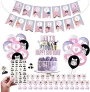 Kpop BTS Birthday Party Kit Supplies For Bangtan Boys includes Banner - 1 Cake Topper - 24 Cupcake Toppers - 16 Balloons - 40 Stickers - 1 Flower Garland