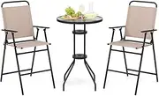 Costway Outdoor Folding Bar Chair Set of 2, Bar-Height Patio Chairs with Backrest, Armrests, Footrest, Metal Frame, Patio Furniture Chair Set for Backyard Poolside Balcony (Chairs & Table)